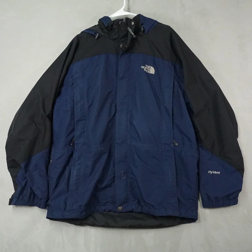 The North Face HyVent Jacket Men XL Navy Blue Lined Full Zip Hooded Rain Outdoor